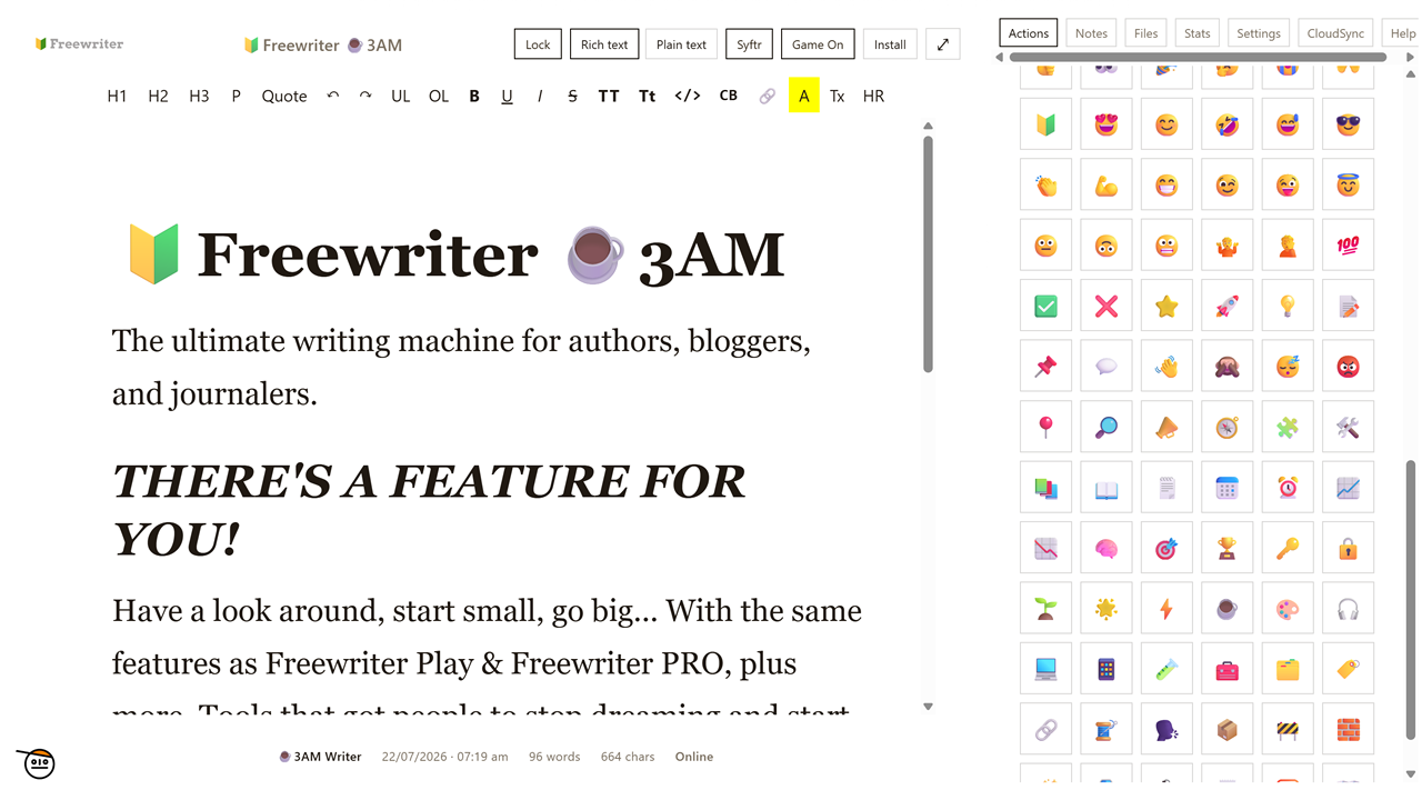 Freewriter 3AM writing app showing its editor, project tools and writing controls